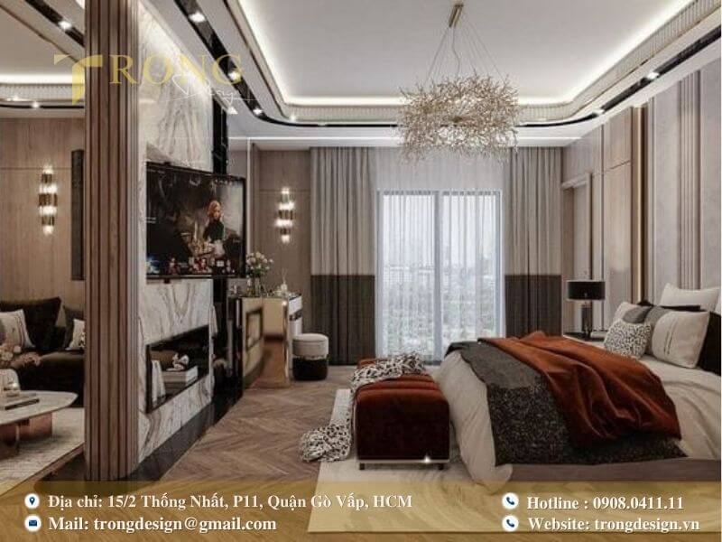 Phòng ngủ sang trọng, ấm cúng với chi tiết nội thất độc đáo.