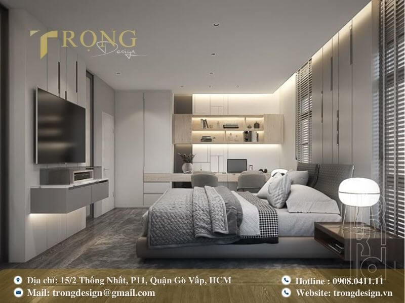 Phòng ngủ hiện đại, tiện nghi với không gian làm việc tích hợp.