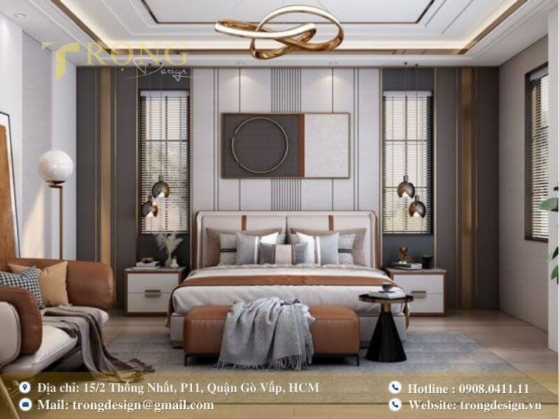 Phòng ngủ hiện đại, sang trọng với điểm nhấn vàng đồng tinh tế.