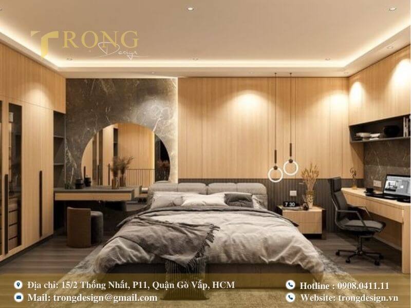 Phòng ngủ hiện đại, ấm áp với sự kết hợp gỗ và đá cẩm thạch.
