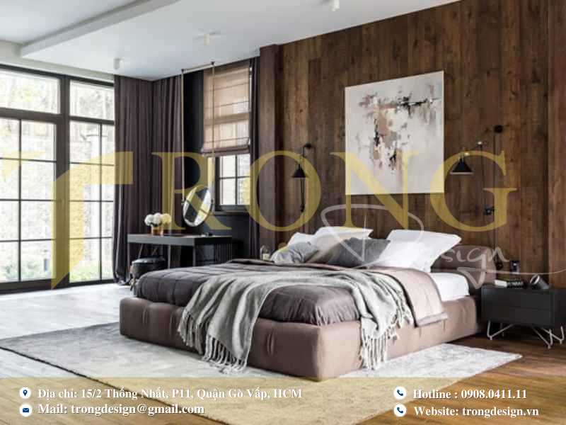 Phòng ngủ hiện đại sang trọng, ốp gỗ nâu sẫm, nội thất trầm ấm, tinh tế và cá nhân hóa.