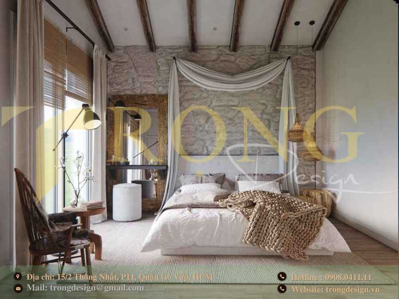 Phòng ngủ được thiết kế theo phong cách mộc mạc với chất liệu tự nhiên