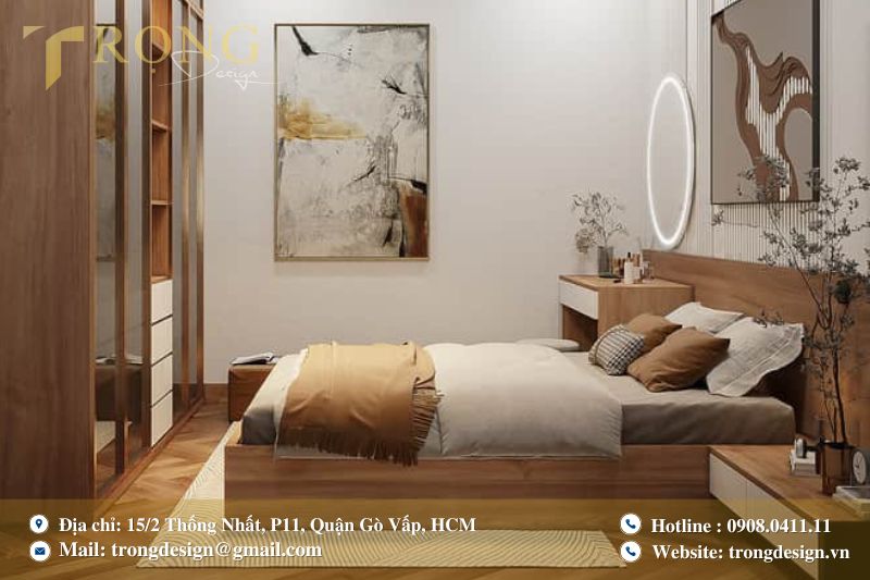 Gam màu trắng be kết hợp gỗ ốp đầu giường