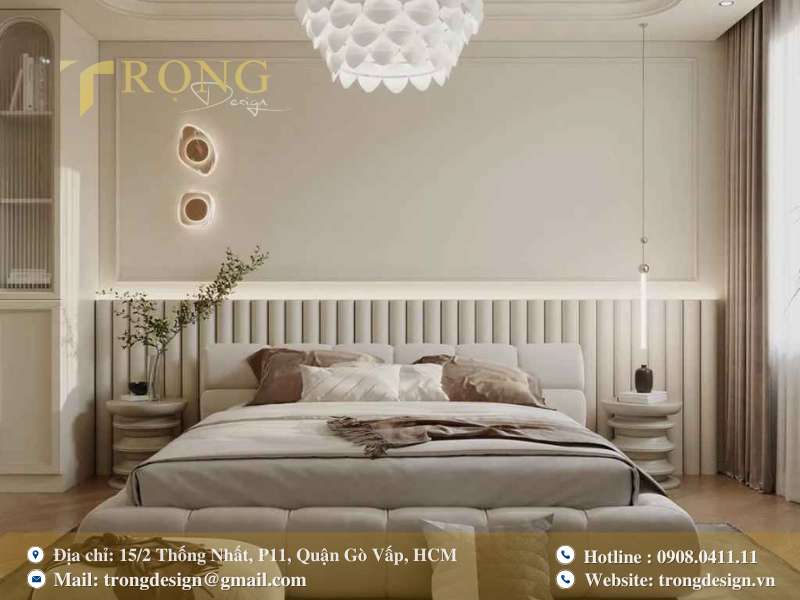 Sự sang trọng hiện lên qua bảng màu ấm, đầu giường sọc dọc và hệ thống đèn được thiết kế cầu kỳ.