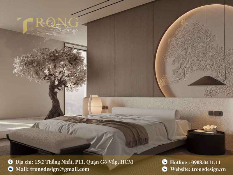 Gỗ ốp toàn phần, ánh sáng ấm và tủ tích hợp tiện dụng.