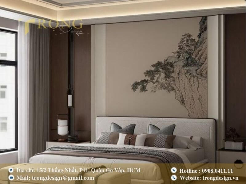 Phòng ngủ hiện đại pha lẫn nét Á Đông tinh tế.