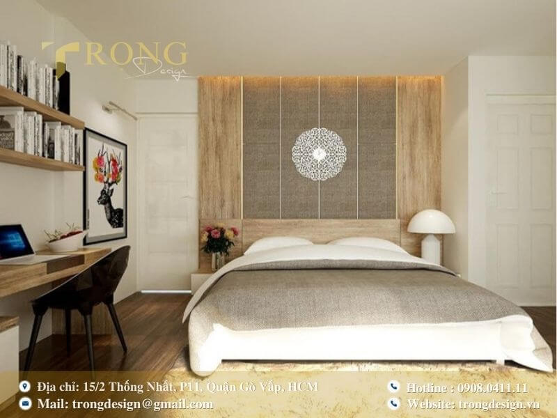 Phòng ngủ hiện đại, tối giản với không gian làm việc tiện nghi và thảm lông ấm áp.