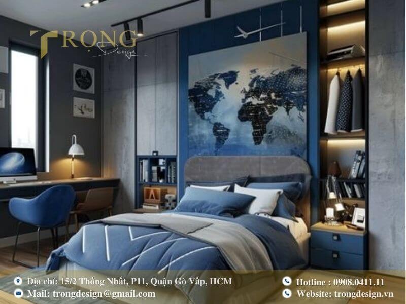 Phòng ngủ hiện đại cho con trai với tông xanh dương.