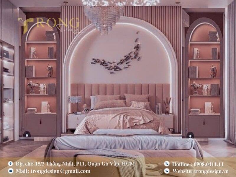 Phòng ngủ lãng mạn cho con gái với tông hồng pastel và thiết kế vòm độc đáo.