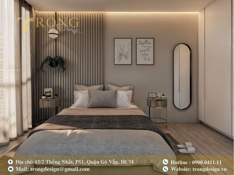 Hiện đại và ấm cúng với điểm nhấn lam gỗ và ánh sáng viền.