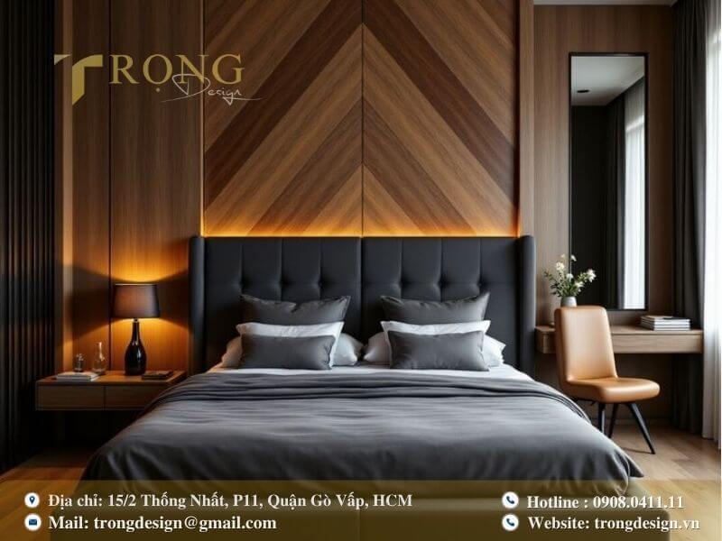 Phong cách hiện đại với điểm nhấn gỗ ấn tượng và tông màu trầm.