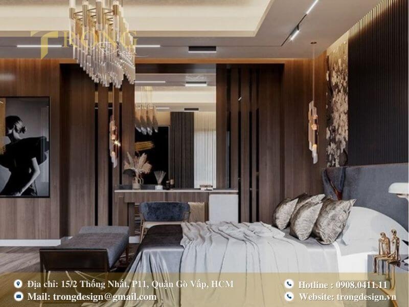Phòng ngủ Luxury với gỗ tối màu và chi tiết gương ấn tượng.