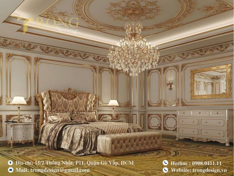 Phòng ngủ Cổ điển xa hoa với tông vàng đồng và nội thất vương giả.