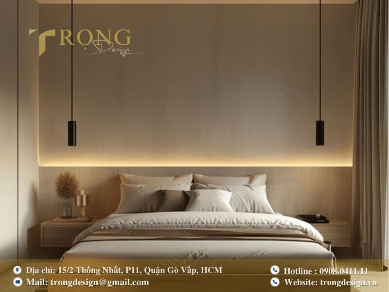 Phòng ngủ tối giản ấm cúng với nội thất gỗ và ánh sáng hắt dịu nhẹ.