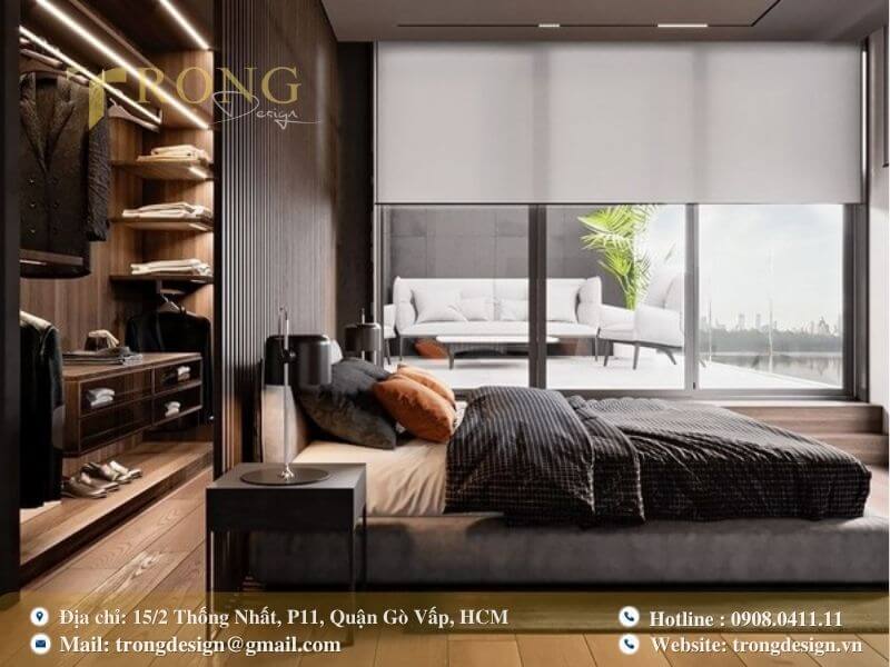 Phòng ngủ hiện đại, tối giản với tủ quần áo mở và ban công thư giãn.