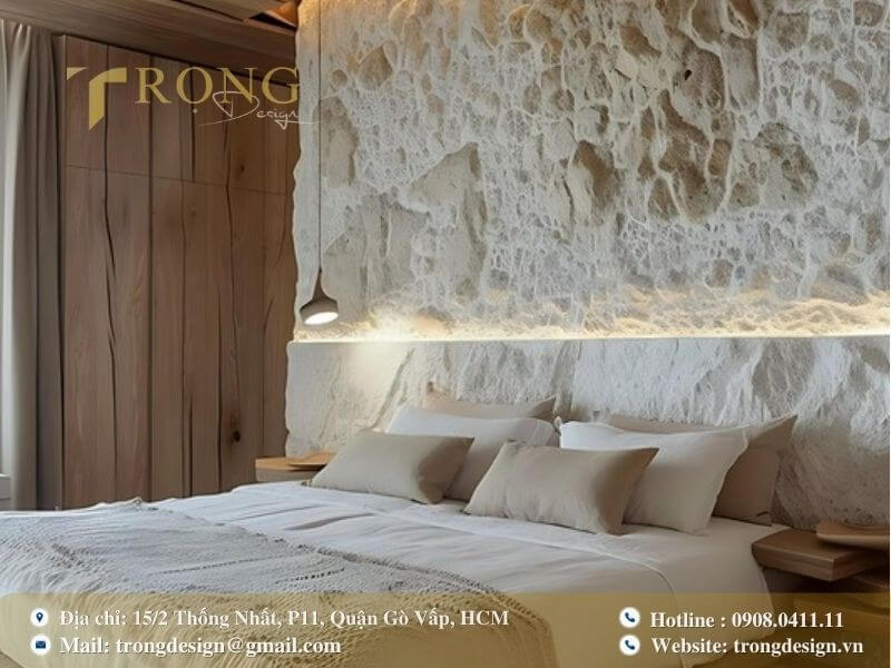Phòng ngủ sang trọng với trần gỗ mang đến vẻ đẹp mộc mạc.