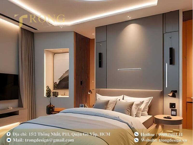 Phòng ngủ sang trọng với vật liệu đa dạng tạo hiệu ứng thị giác.