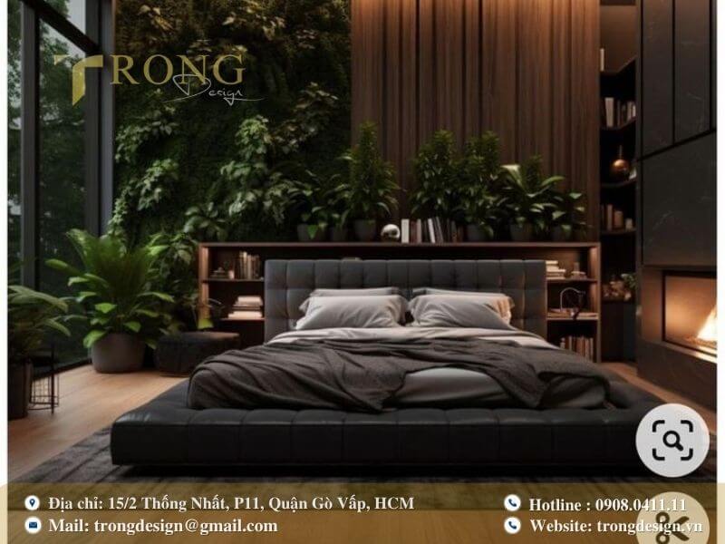 Phòng ngủ hiện đại với tường cây xanh và nội thất tối giản, gần gũi thiên nhiên.