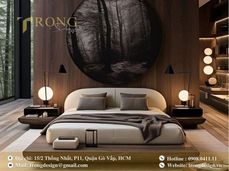 Phòng ngủ phong cách công nghiệp với tường gỗ và trần bê tông thô.