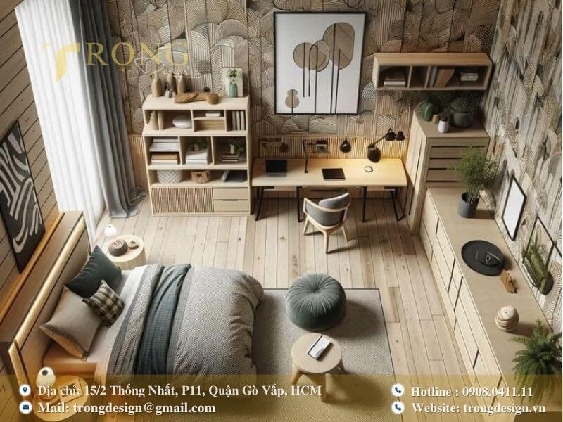 Phòng ngủ tối giản với nội thất gỗ sáng và họa tiết tường độc đáo.