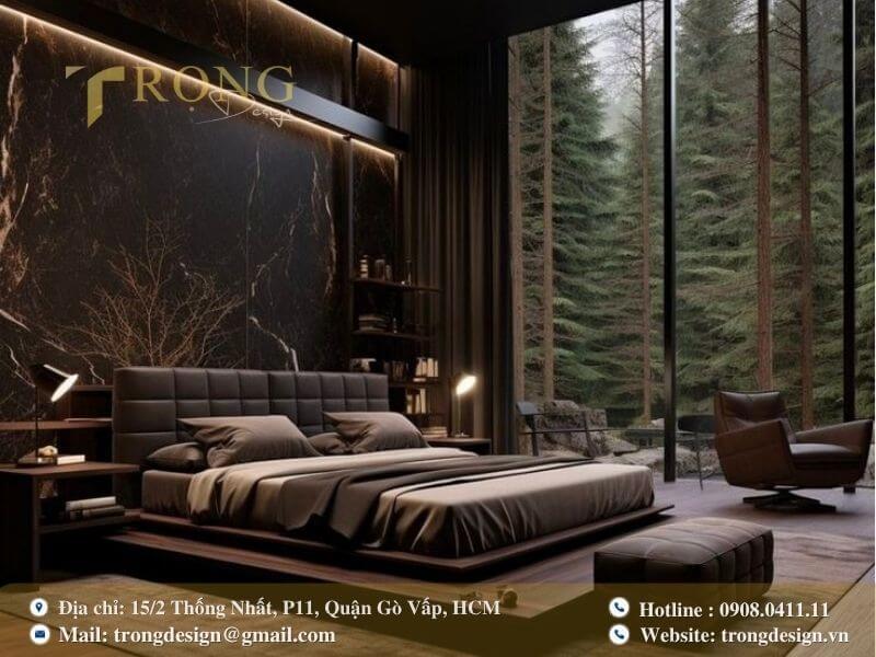 Phòng ngủ sang trọng với tầm nhìn ra rừng thông ấn tượng.