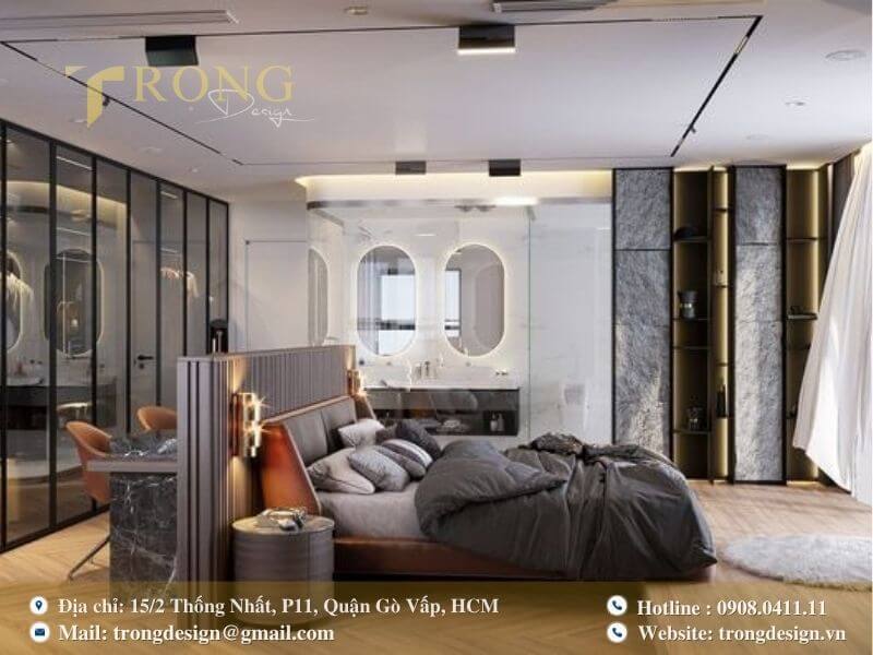 Phòng ngủ tích hợp phòng tắm và tủ quần áo.