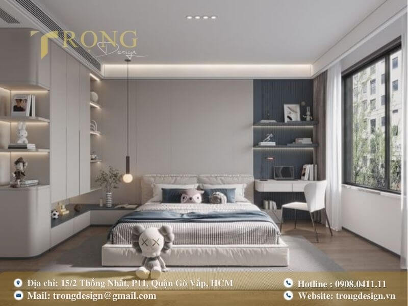 Phòng ngủ năng động và cá tính, phản ánh sở thích của thanh niên.