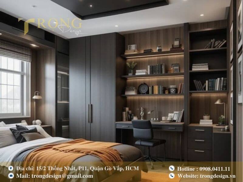 Phòng ngủ sang trọng và hiện đại với tông màu tối.