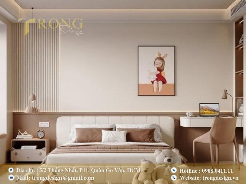 Phòng ngủ ấm áp và đáng yêu với tông màu kem và nội thất tiện nghi.