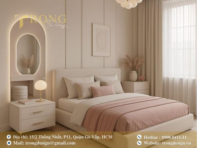 Phòng ngủ dịu dàng với nội thất mềm mại và ánh sáng ấm áp.