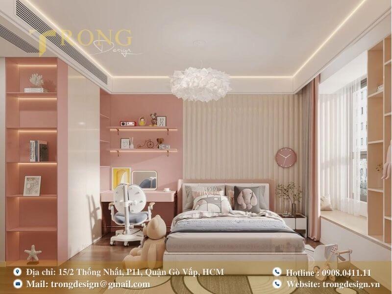Phòng ngủ rực rỡ và tiện nghi với không gian học tập và vui chơi.