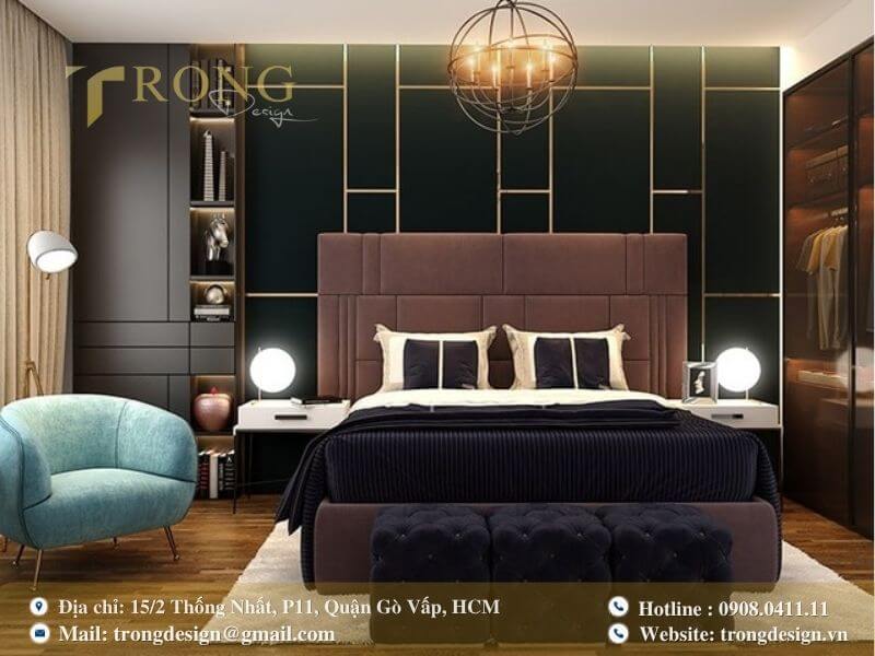 Phòng ngủ hiện đại với sự kết hợp màu sắc ấn tượng, nội thất sang trọng.