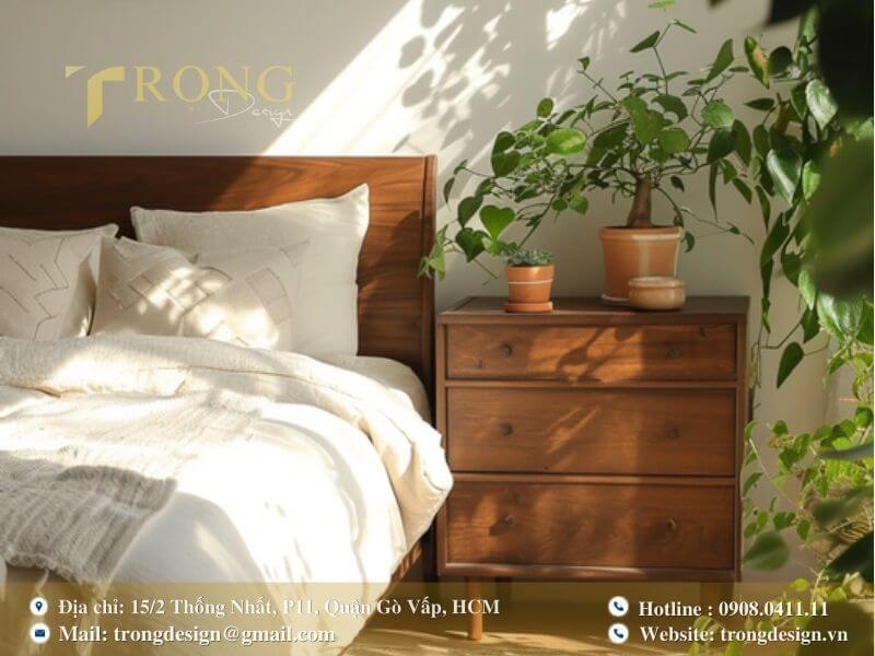 Phòng ngủ mộc mạc với nội thất gỗ, cây xanh và ánh nắng tự nhiên.