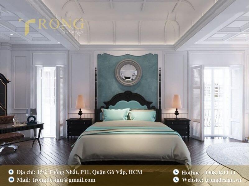 Phòng ngủ Indochine thanh lịch với kiến trúc Pháp cổ điển.