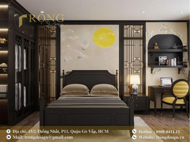 Phòng ngủ Indochine kết hợp nội thất gỗ đen và điểm nhấn vàng.
