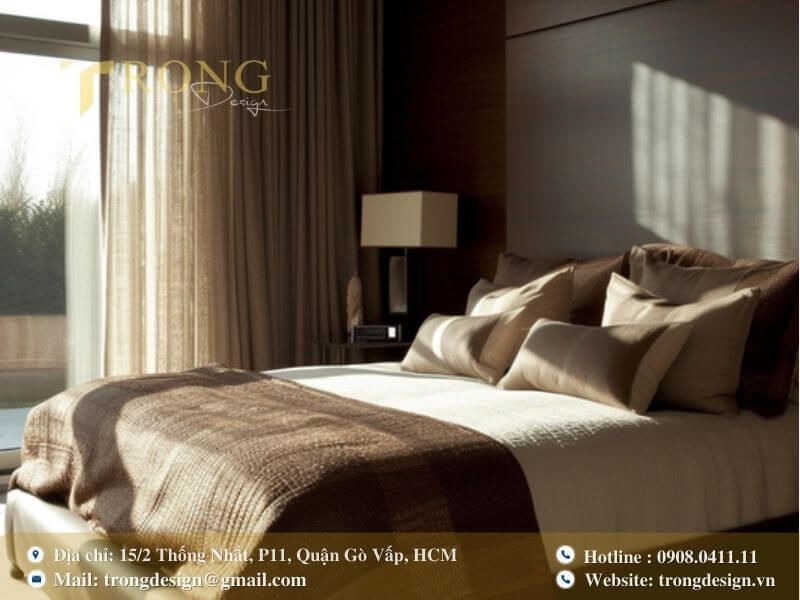 Phòng ngủ sang trọng, ấm cúng với tông màu nâu trầm và ánh sáng tự nhiên.