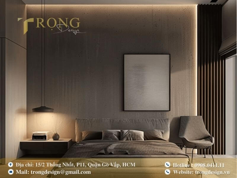 Phòng ngủ tối giản hiện đại với vật liệu thô mộc và ánh sáng tinh tế.