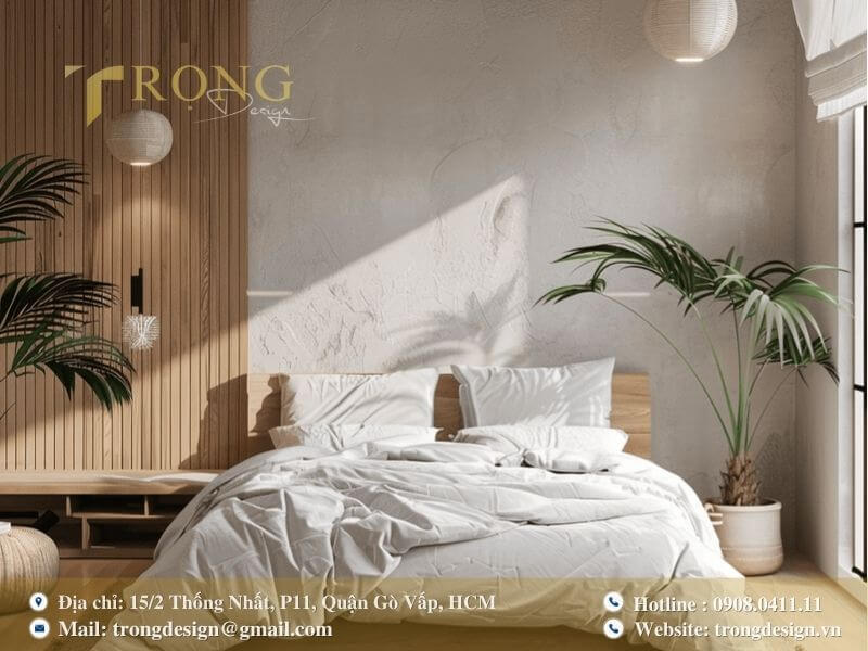Phòng ngủ tối giản thư thái với yếu tố thiên nhiên và ánh sáng ấm áp.