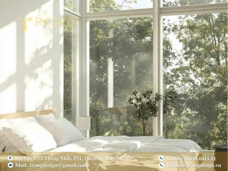 Phòng ngủ Scandinavian tràn ngập ánh sáng tự nhiên và tầm nhìn ra cây xanh.