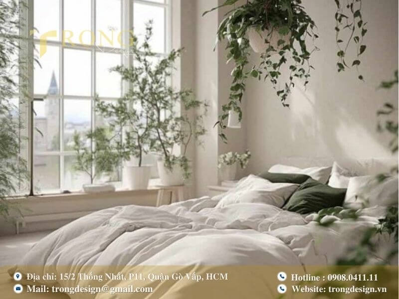 Phòng ngủ Scandinavian tươi mới với nhiều cây xanh và ánh sáng tự nhiên.