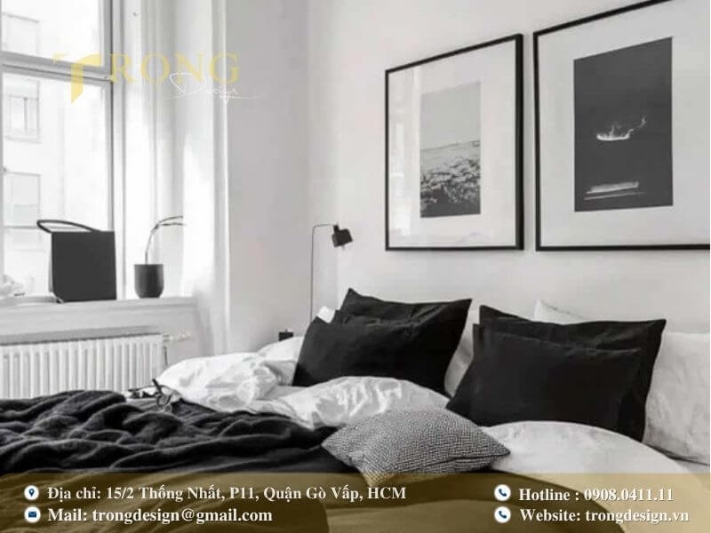 Phòng ngủ Scandinavian tối giản với tông màu đen trắng tương phản.