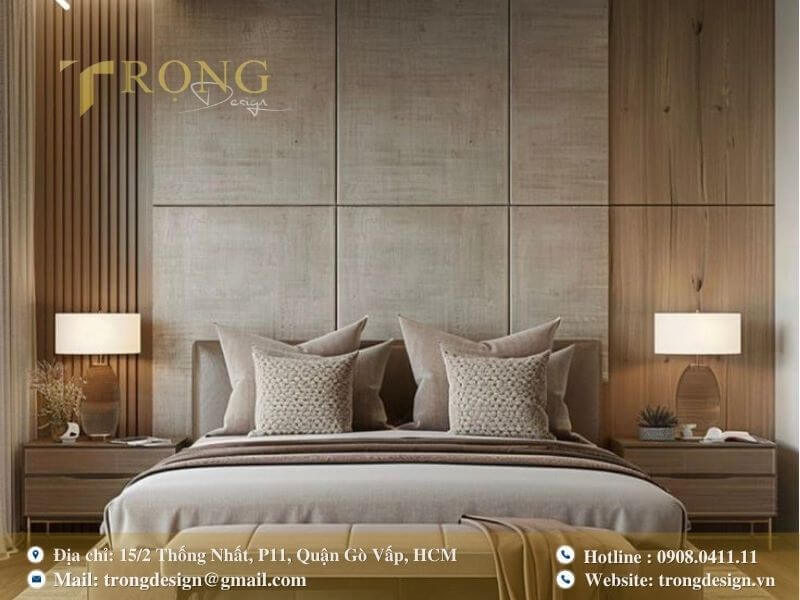 Phòng ngủ hiện đại ấm cúng với tường ốp gỗ và đèn bàn đối xứng.