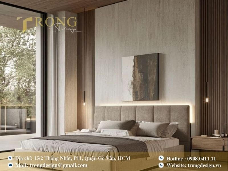 Phòng ngủ hiện đại tối giản với vật liệu tự nhiên.