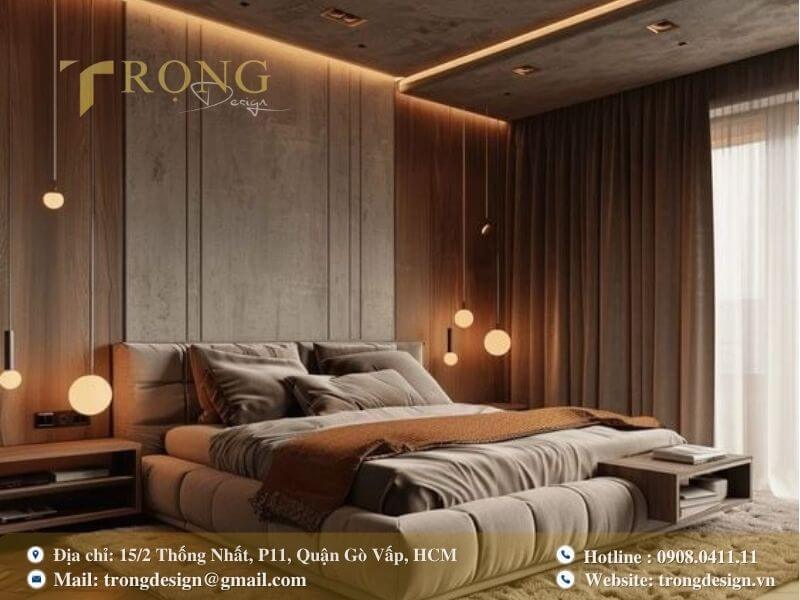 Phòng ngủ sang trọng ấm cúng với trần giật cấp.