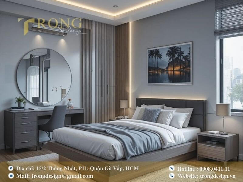 Phòng ngủ hiện đại với tông màu xám chủ đạo.