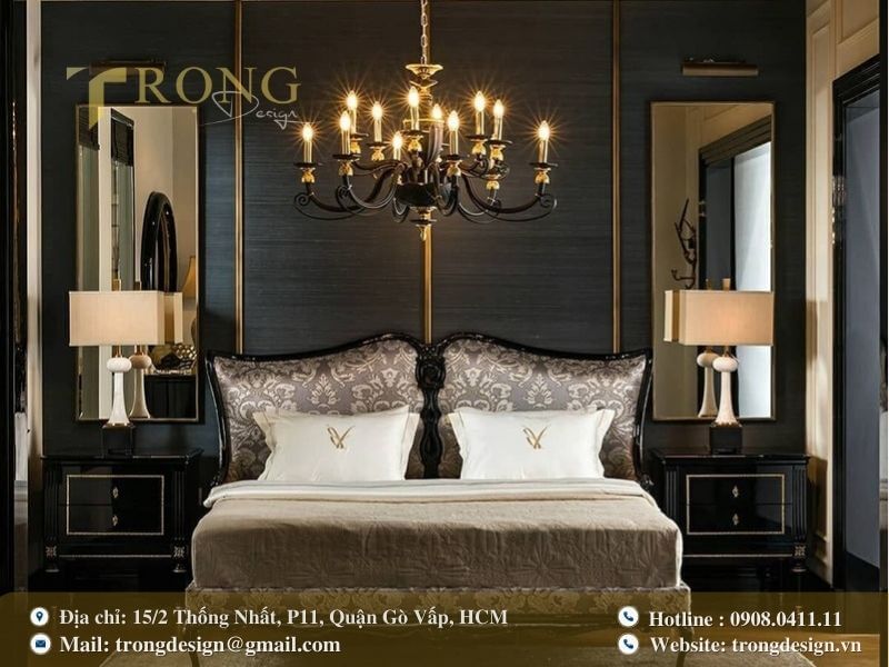 Phòng ngủ mang vẻ đẹp mạnh mẽ và sang trọng.
