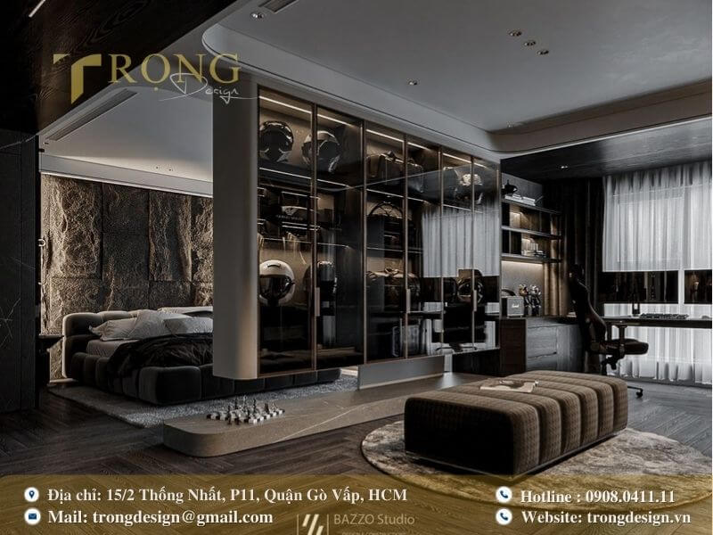 Phòng ngủ đương đại với không gian làm việc tích hợp.
