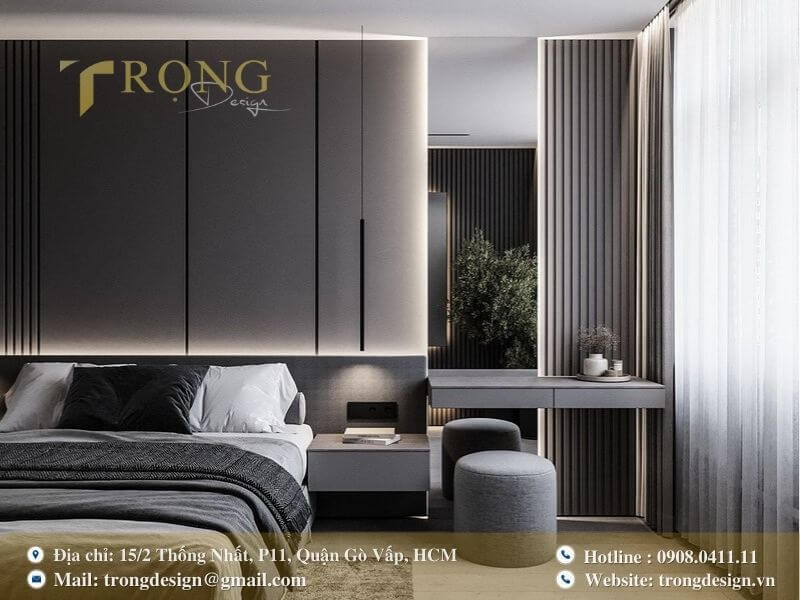Thiết kế phòng ngủ hiện đại với tông màu xám tối giản và thanh lịch.