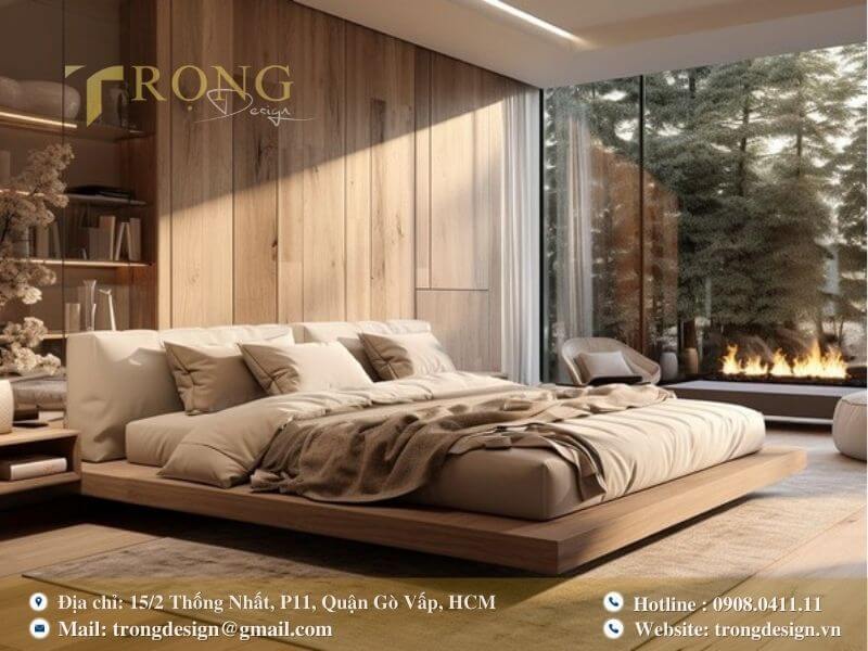 Phòng ngủ hiện đại với tầm nhìn hướng ra thiên nhiên và lò sưởi ấm áp.