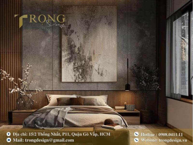 Không gian phòng ngủ đương đại, ấm cúng với sự kết hợp của gỗ và bê tông.